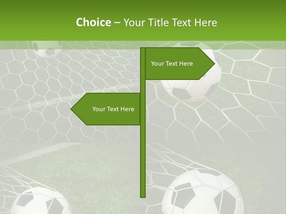 Three Soccer Balls In The Net Of A Soccer Field PowerPoint Template