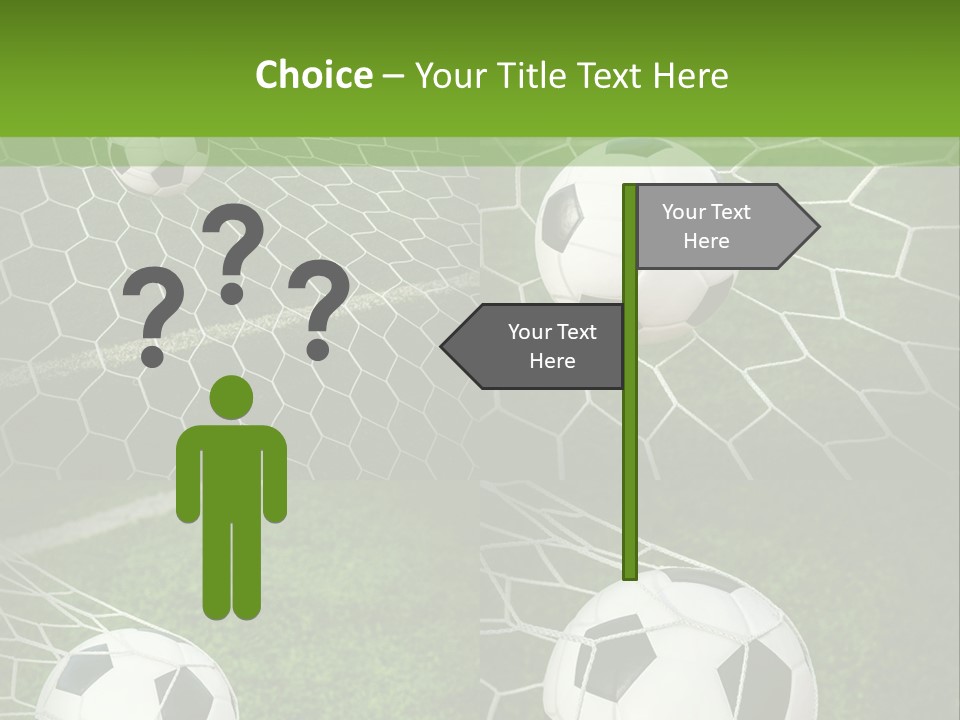 Three Soccer Balls In The Net Of A Soccer Field PowerPoint Template