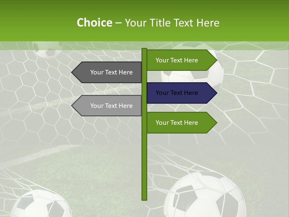 Three Soccer Balls In The Net Of A Soccer Field PowerPoint Template