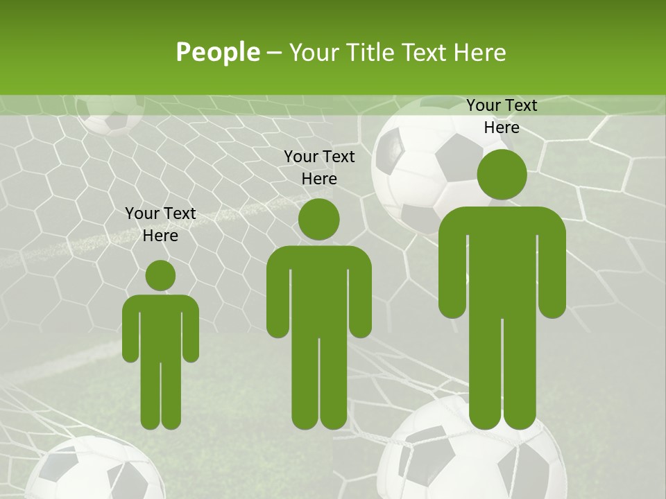 Three Soccer Balls In The Net Of A Soccer Field PowerPoint Template