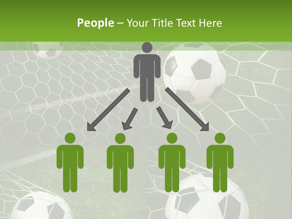 Three Soccer Balls In The Net Of A Soccer Field PowerPoint Template