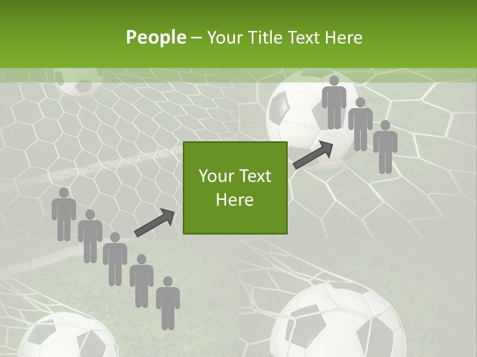 Three Soccer Balls In The Net Of A Soccer Field PowerPoint Template