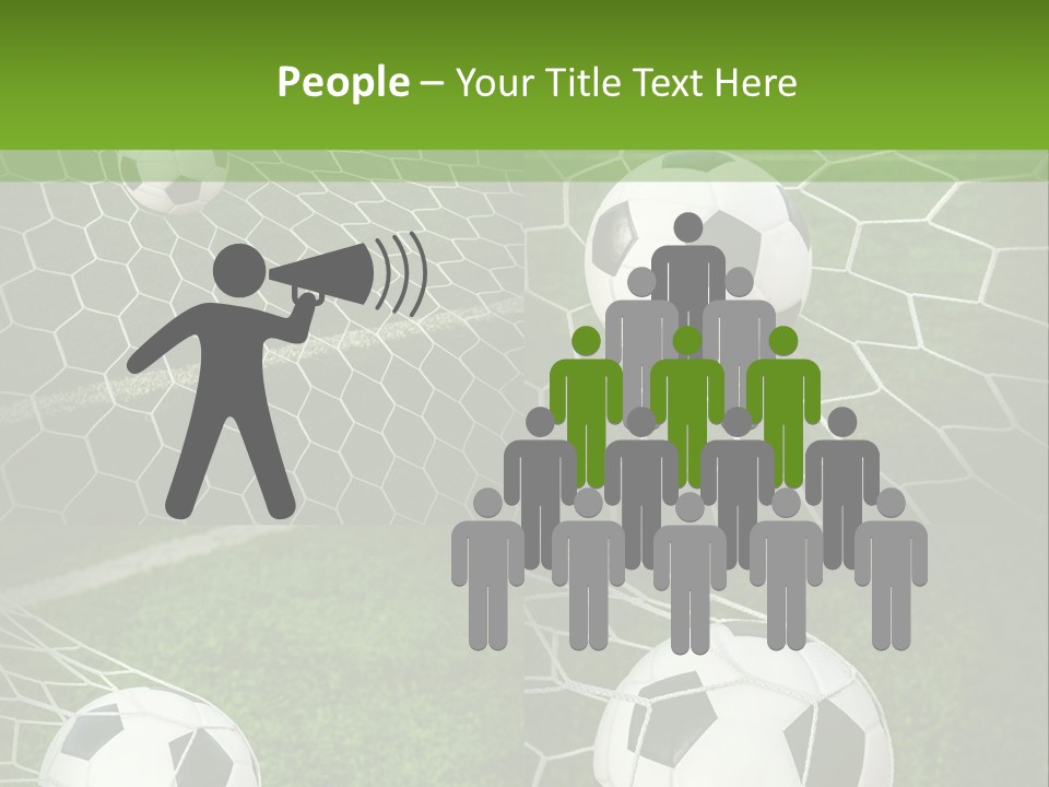 Three Soccer Balls In The Net Of A Soccer Field PowerPoint Template