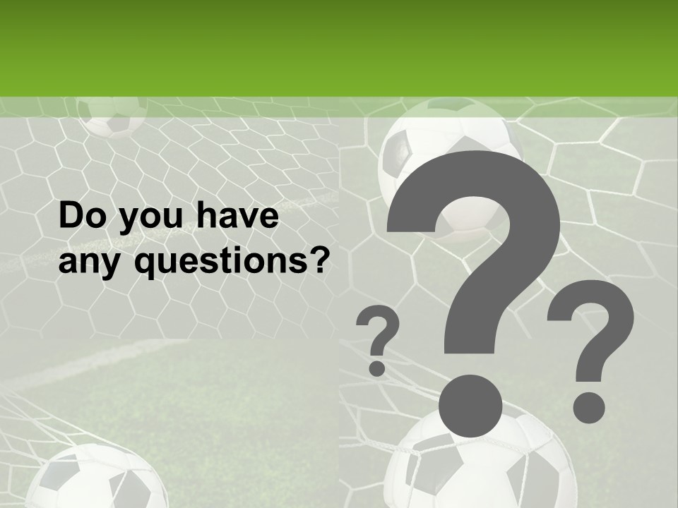 Three Soccer Balls In The Net Of A Soccer Field PowerPoint Template