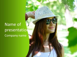 A Woman Wearing Sunglasses And A Hat With A Green Background PowerPoint Template