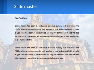 A Large Building With Columns And A Clock On It PowerPoint Template