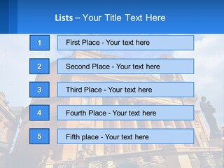 A Large Building With Columns And A Clock On It PowerPoint Template