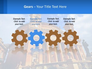 A Large Building With Columns And A Clock On It PowerPoint Template