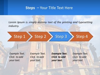 A Large Building With Columns And A Clock On It PowerPoint Template