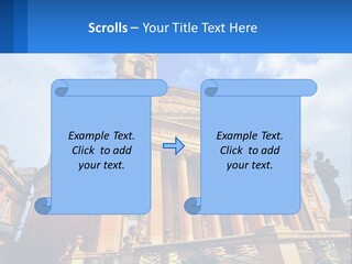 A Large Building With Columns And A Clock On It PowerPoint Template