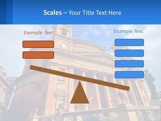 A Large Building With Columns And A Clock On It PowerPoint Template