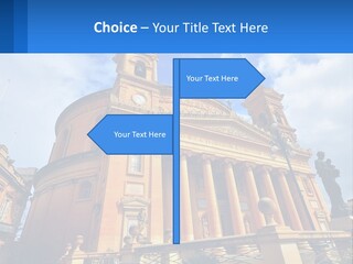 A Large Building With Columns And A Clock On It PowerPoint Template