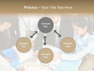 A Group Of People Sitting Around A Table With Papers PowerPoint Template