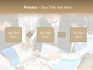 A Group Of People Sitting Around A Table With Papers PowerPoint Template