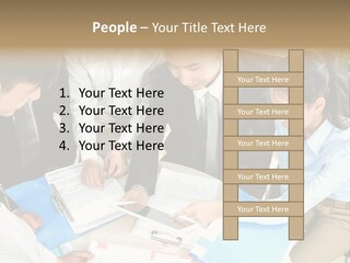 A Group Of People Sitting Around A Table With Papers PowerPoint Template