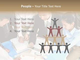 A Group Of People Sitting Around A Table With Papers PowerPoint Template