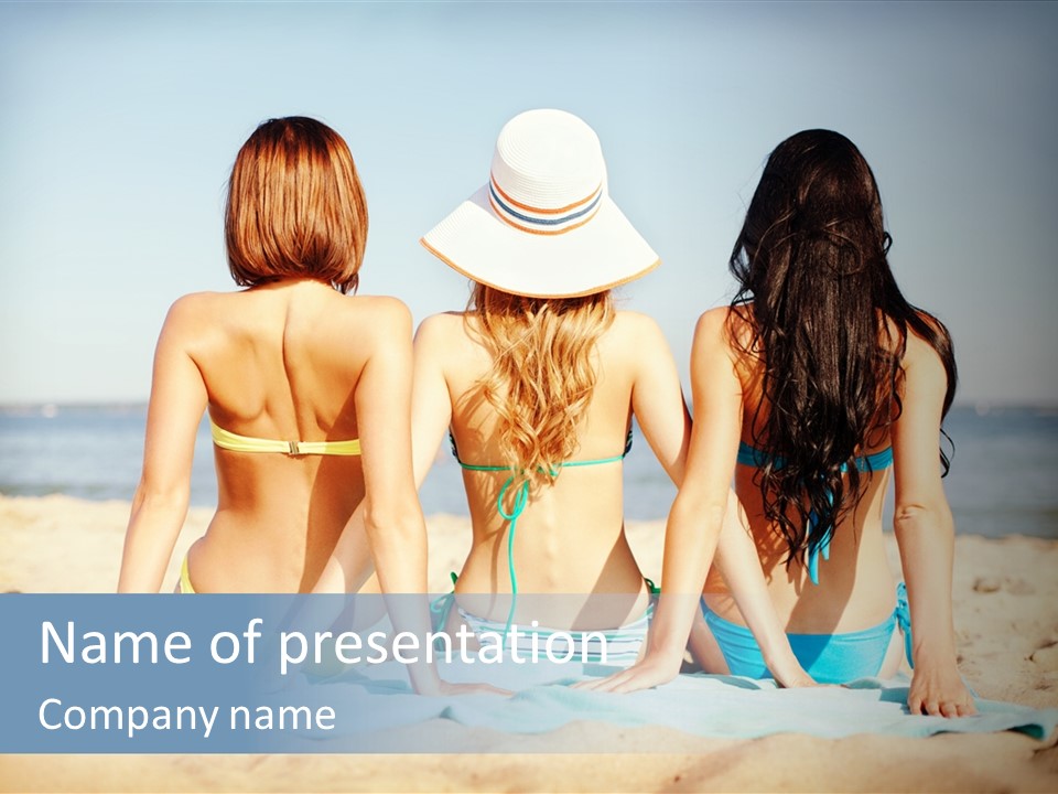 Three Women In Bikinis Sitting On The Beach PowerPoint Template
