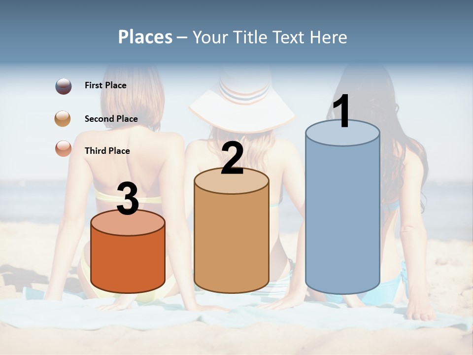 Three Women In Bikinis Sitting On The Beach PowerPoint Template