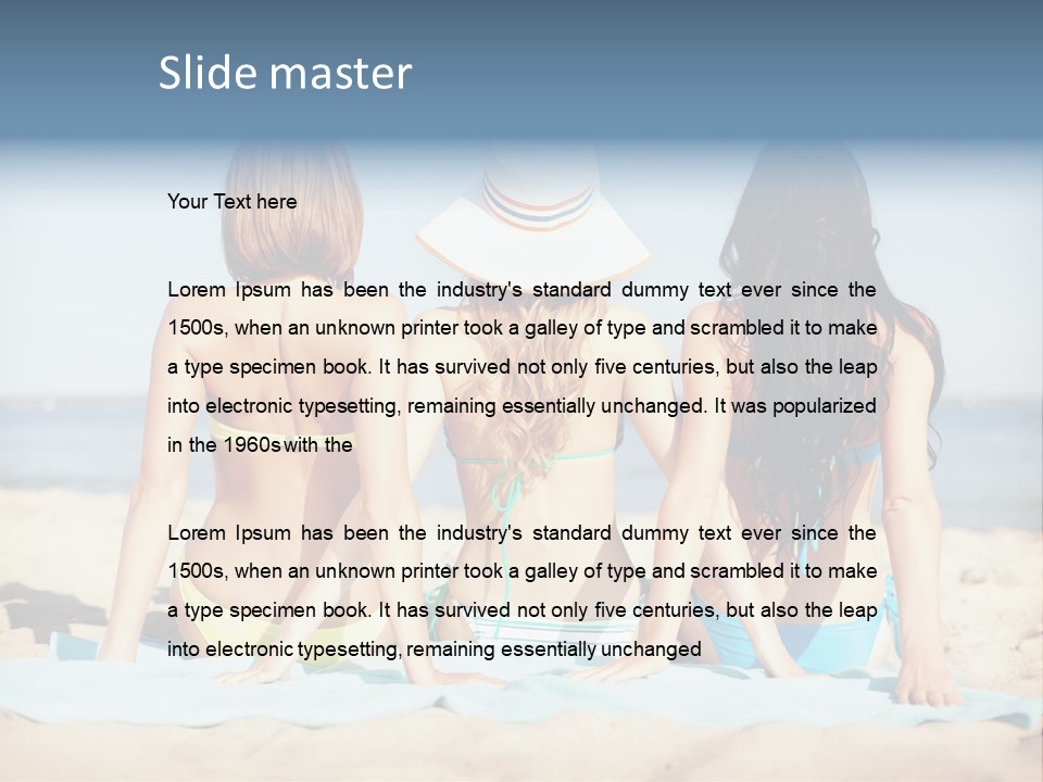 Three Women In Bikinis Sitting On The Beach PowerPoint Template
