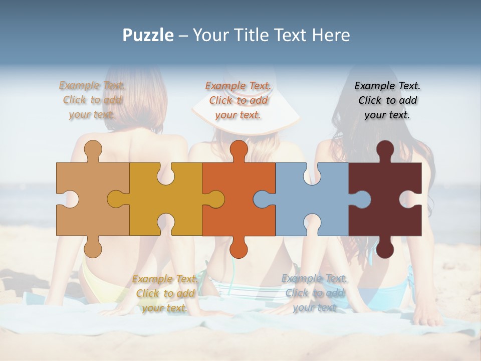 Three Women In Bikinis Sitting On The Beach PowerPoint Template