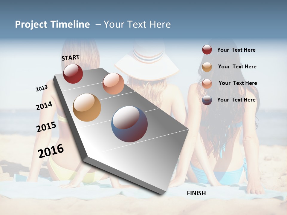 Three Women In Bikinis Sitting On The Beach PowerPoint Template