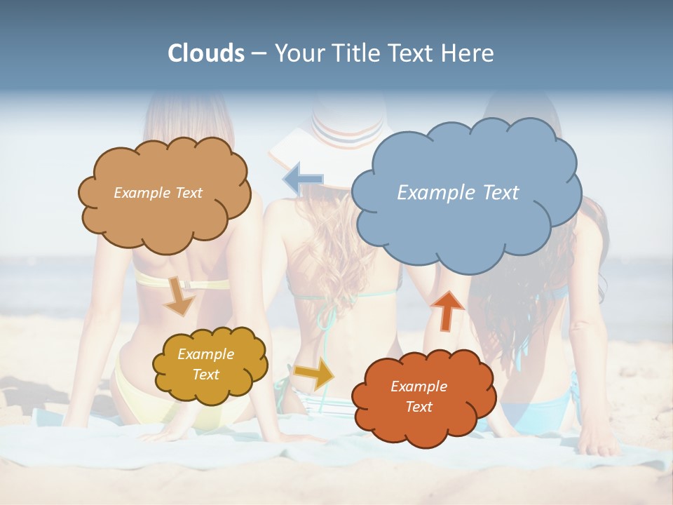 Three Women In Bikinis Sitting On The Beach PowerPoint Template