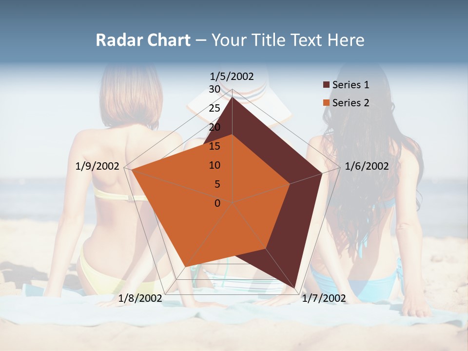 Three Women In Bikinis Sitting On The Beach PowerPoint Template