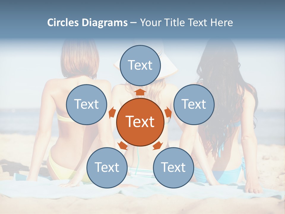 Three Women In Bikinis Sitting On The Beach PowerPoint Template