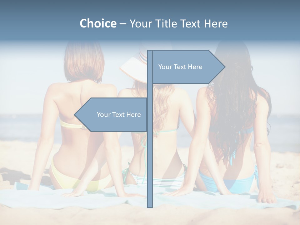 Three Women In Bikinis Sitting On The Beach PowerPoint Template