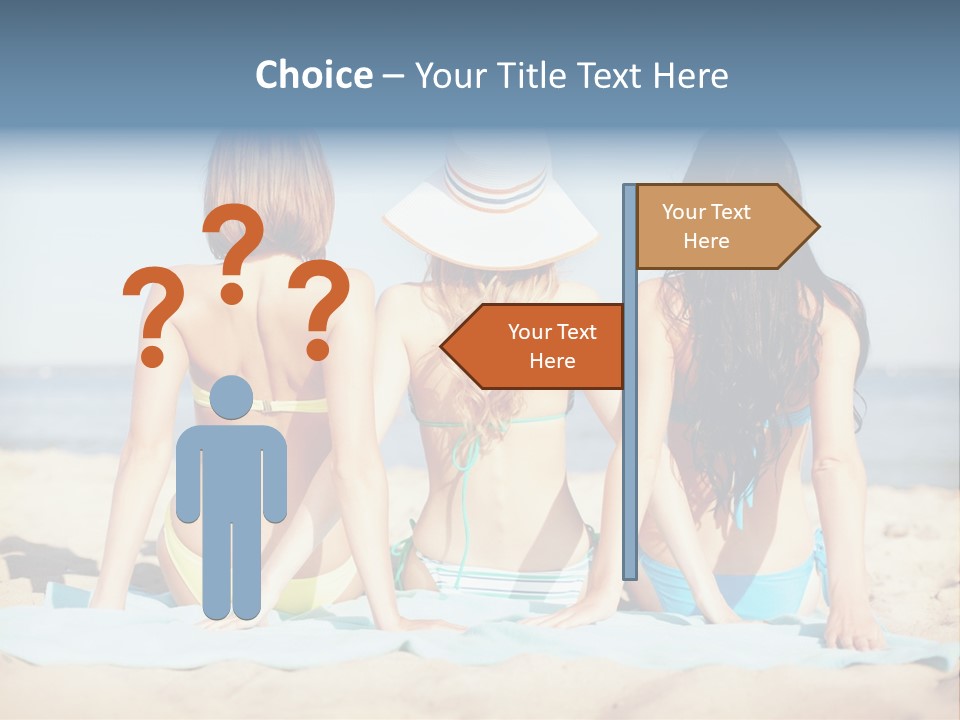 Three Women In Bikinis Sitting On The Beach PowerPoint Template