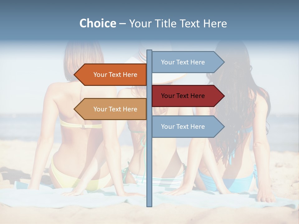 Three Women In Bikinis Sitting On The Beach PowerPoint Template