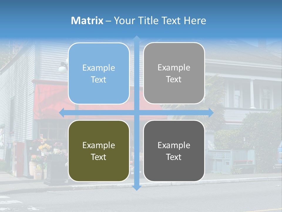 A Blue Building With A Red Awning On A Street Corner PowerPoint Template