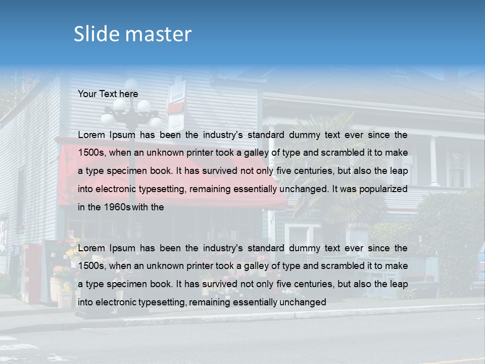 A Blue Building With A Red Awning On A Street Corner PowerPoint Template