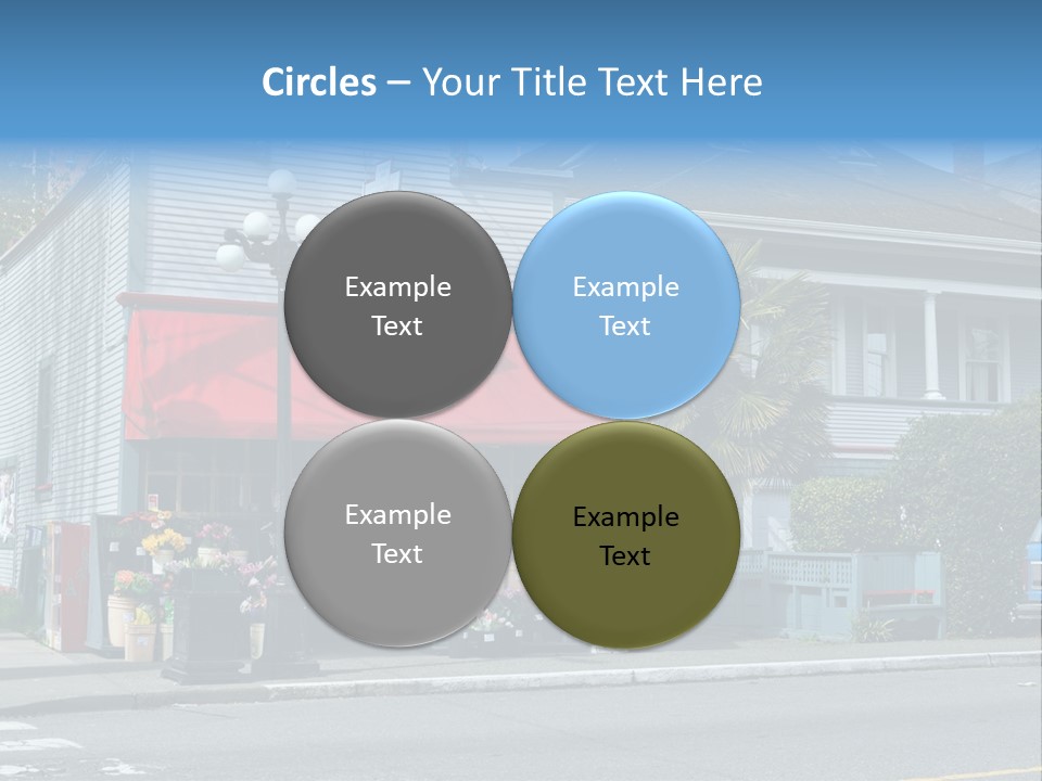 A Blue Building With A Red Awning On A Street Corner PowerPoint Template