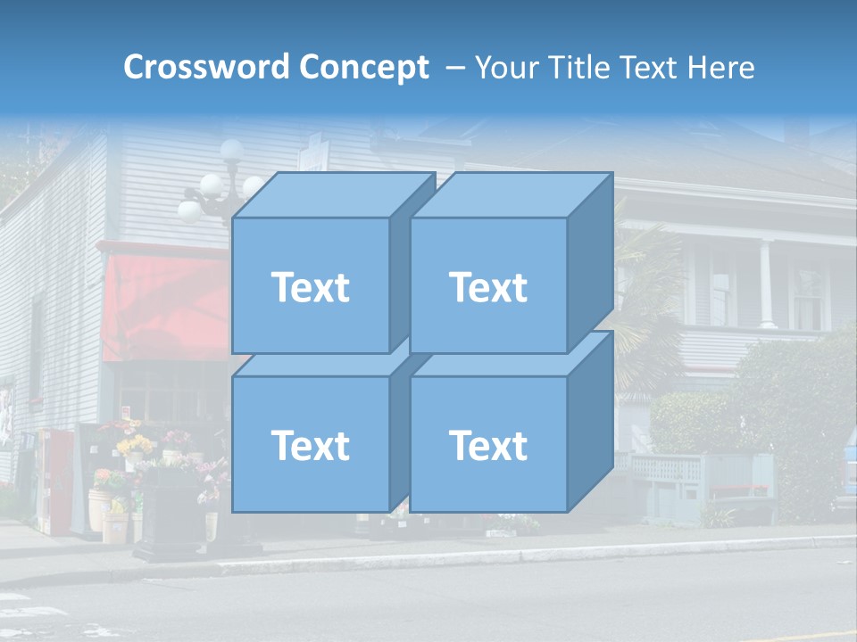 A Blue Building With A Red Awning On A Street Corner PowerPoint Template