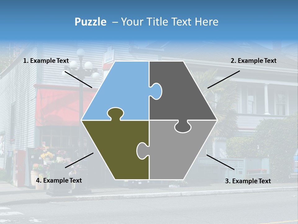 A Blue Building With A Red Awning On A Street Corner PowerPoint Template