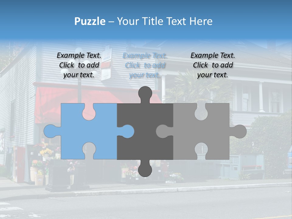 A Blue Building With A Red Awning On A Street Corner PowerPoint Template