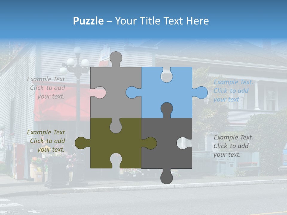 A Blue Building With A Red Awning On A Street Corner PowerPoint Template