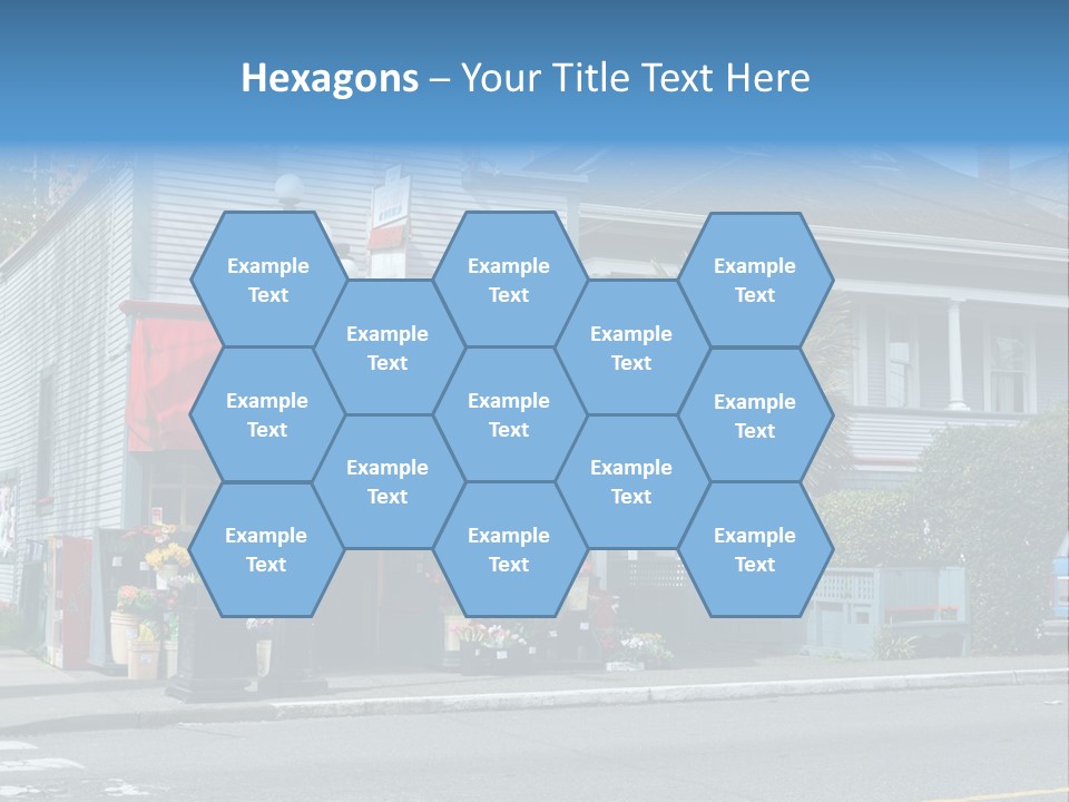 A Blue Building With A Red Awning On A Street Corner PowerPoint Template