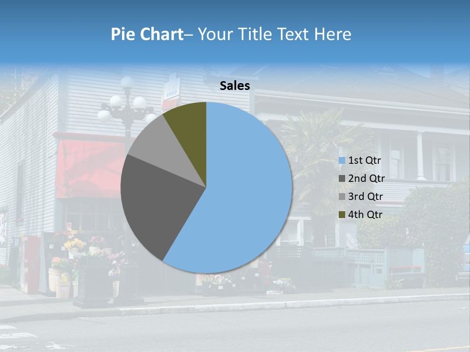 A Blue Building With A Red Awning On A Street Corner PowerPoint Template