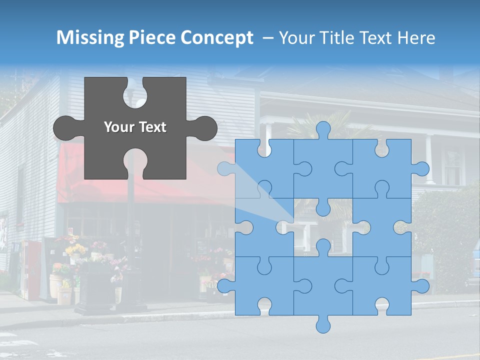 A Blue Building With A Red Awning On A Street Corner PowerPoint Template