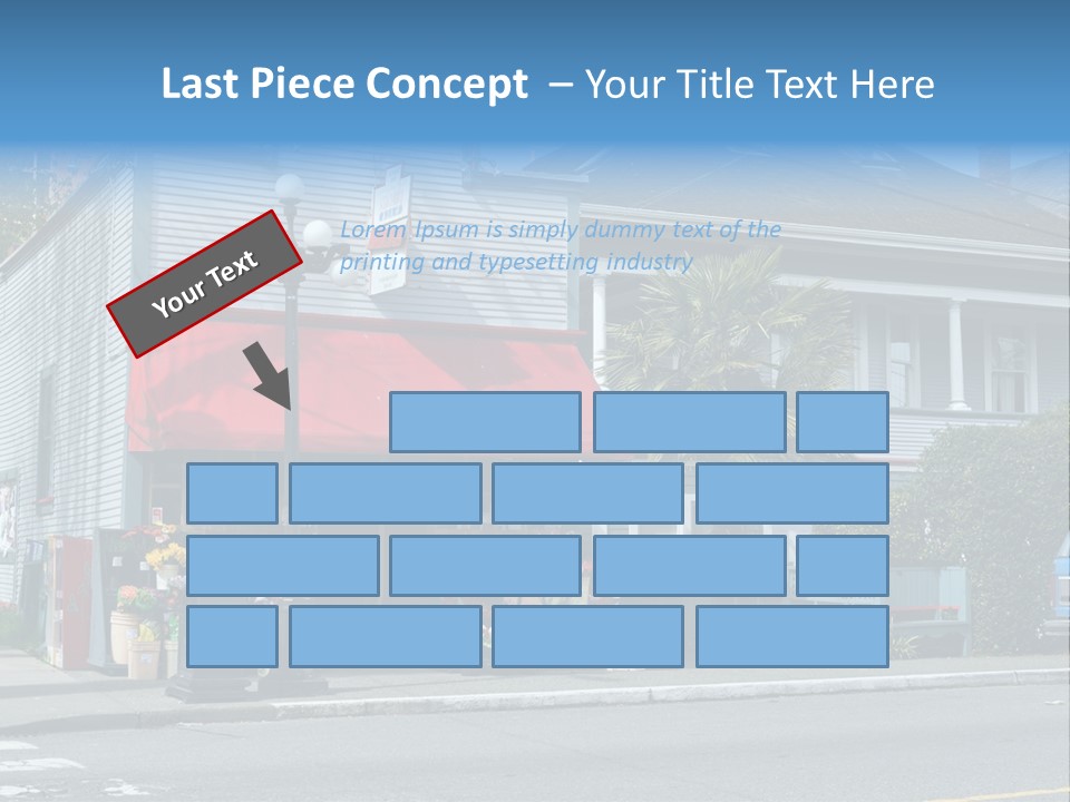 A Blue Building With A Red Awning On A Street Corner PowerPoint Template