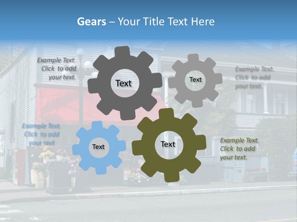 A Blue Building With A Red Awning On A Street Corner PowerPoint Template