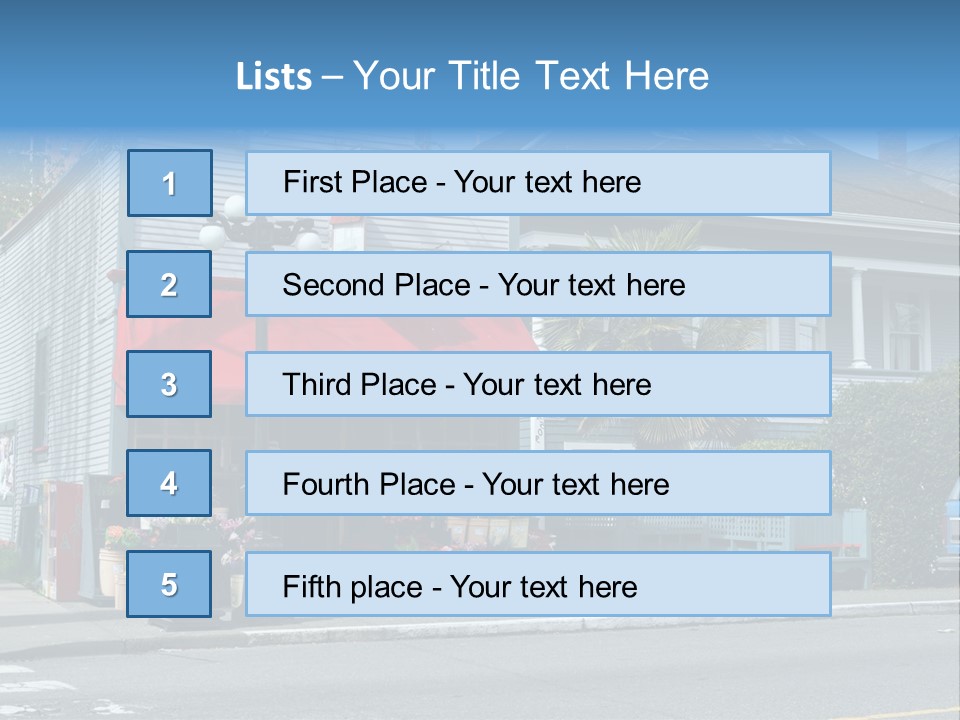 A Blue Building With A Red Awning On A Street Corner PowerPoint Template