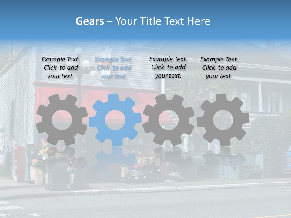 A Blue Building With A Red Awning On A Street Corner PowerPoint Template