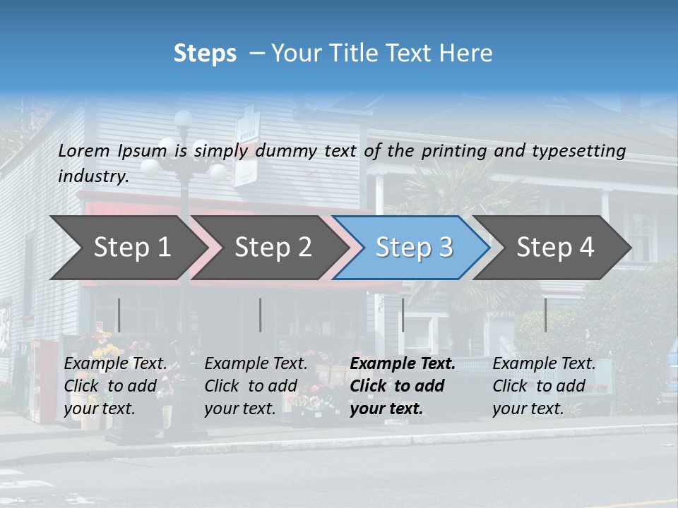 A Blue Building With A Red Awning On A Street Corner PowerPoint Template