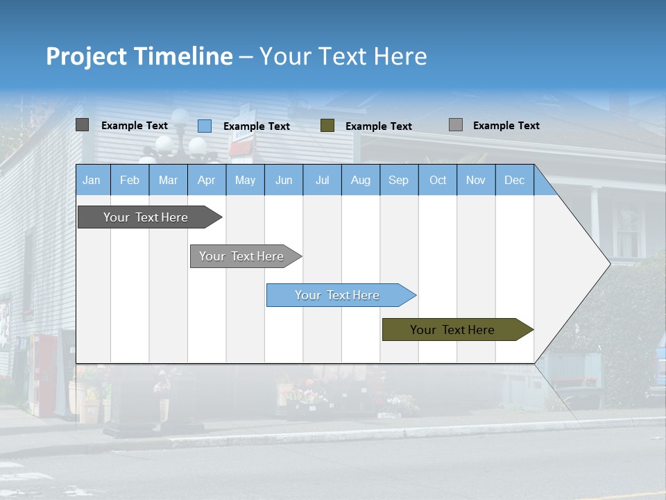 A Blue Building With A Red Awning On A Street Corner PowerPoint Template