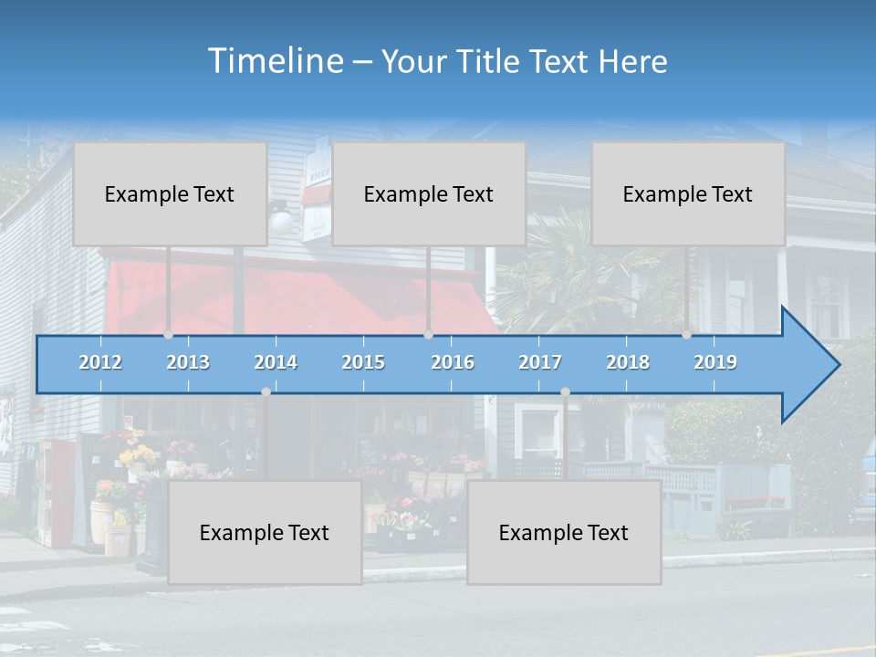 A Blue Building With A Red Awning On A Street Corner PowerPoint Template