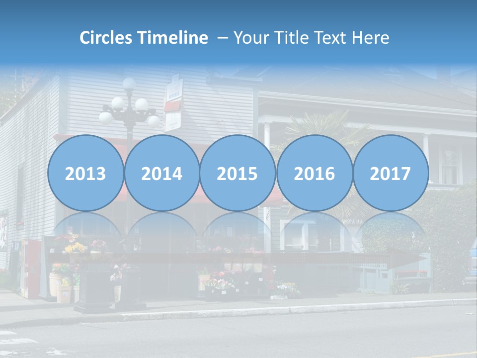 A Blue Building With A Red Awning On A Street Corner PowerPoint Template