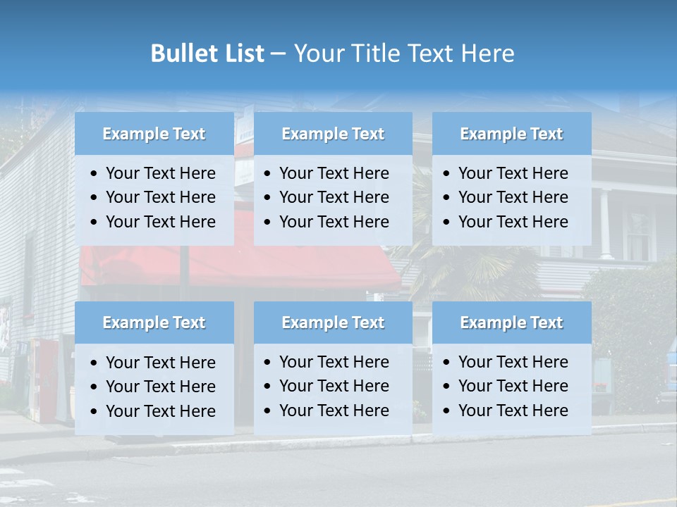 A Blue Building With A Red Awning On A Street Corner PowerPoint Template